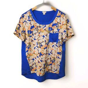J. Crew Blue Floral Pocket T-Shirt Blouse Short Sleeve Women's M Medium B9428